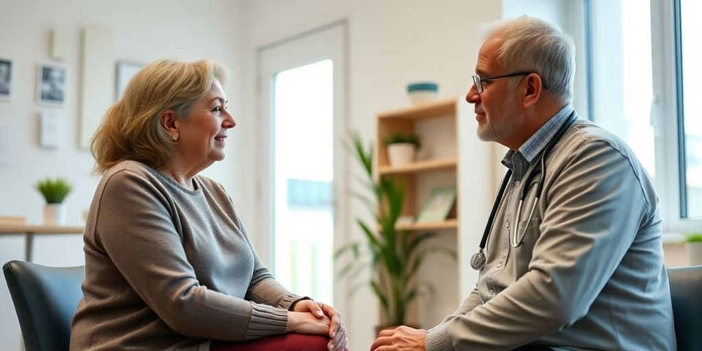 Rheumatoide Arthritis: Patient und Arzt sprechen in einer hellen Praxis.