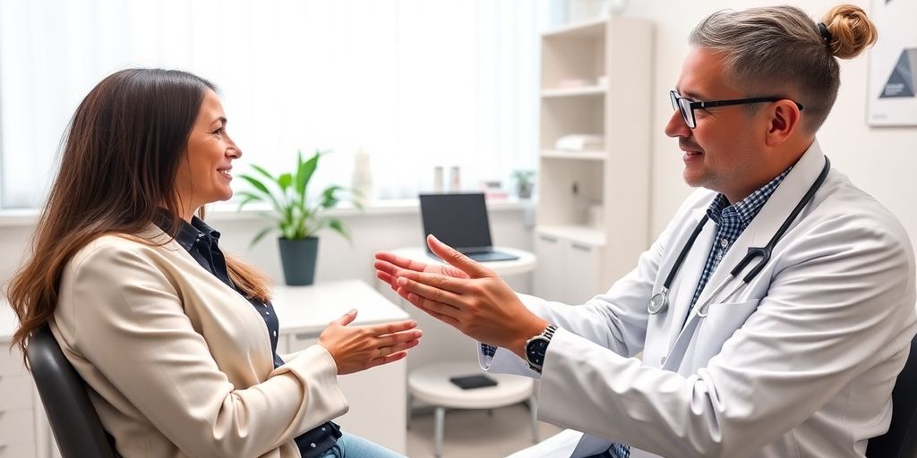 Therapieansätze für Tendovaginitis stenosans Patient und Arzt in einer hellen Arztpraxis.