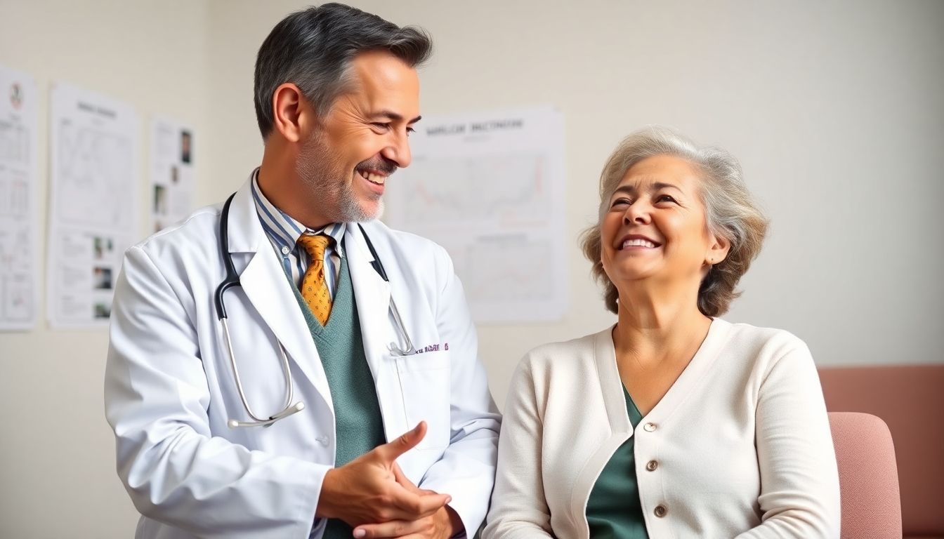 Doctor and patient smiling in a bright medical office.