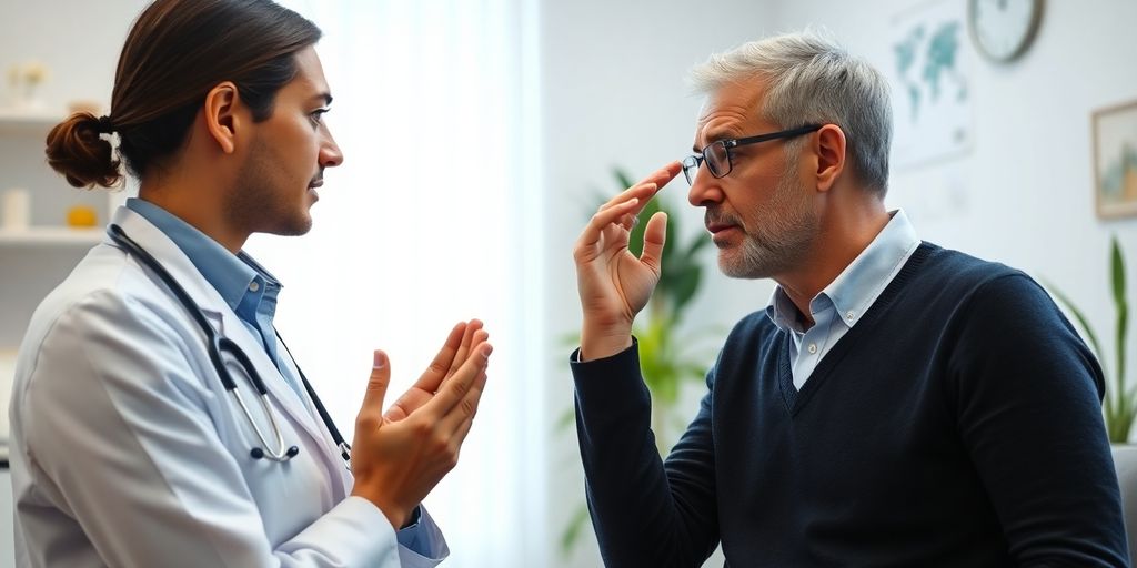Patient und Arzt im Gespräch über Typische Symptome von Spannungskopfschmerzen.