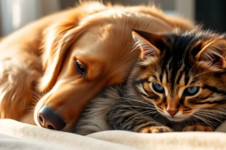 Hund und Katze kuscheln auf weicher Decke