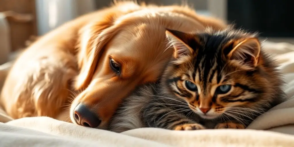 Hund und Katze kuscheln auf weicher Decke