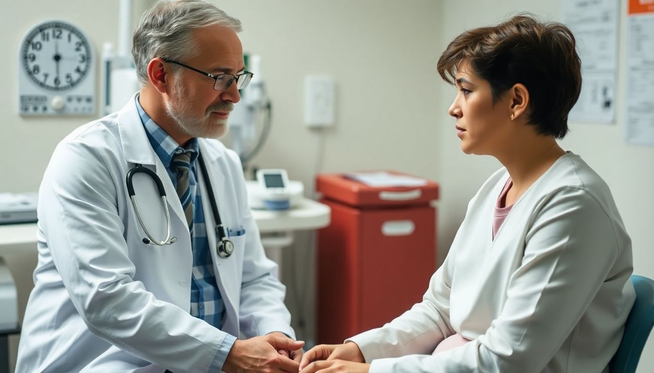 Zeckenenzephalitis und Reisen: Doctor consulting a patient about tick-borne encephalitis.