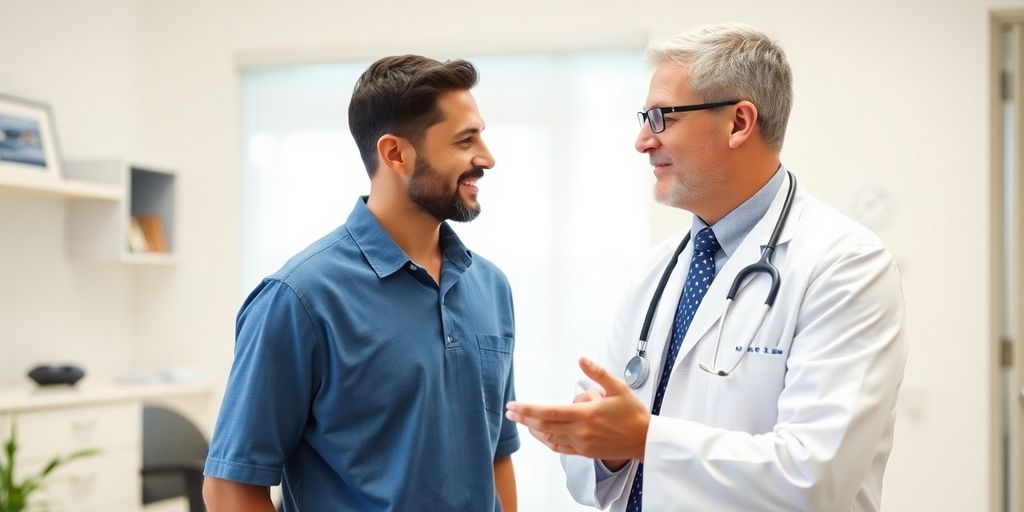 Wirbelkörperfrakturen: Patient und Arzt in heller medizinischer Praxis