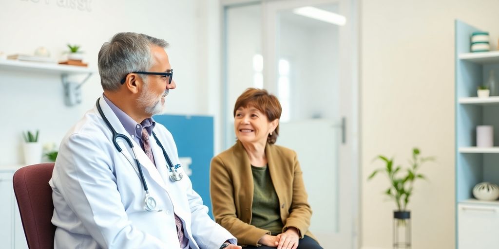 Zerebralparese: Patient und Arzt im hellen Gesundheitszentrum.