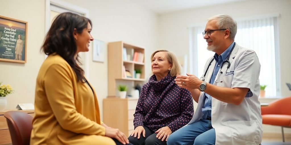Zerebralparese: Patient und Arzt in einer hellen Arztpraxis.