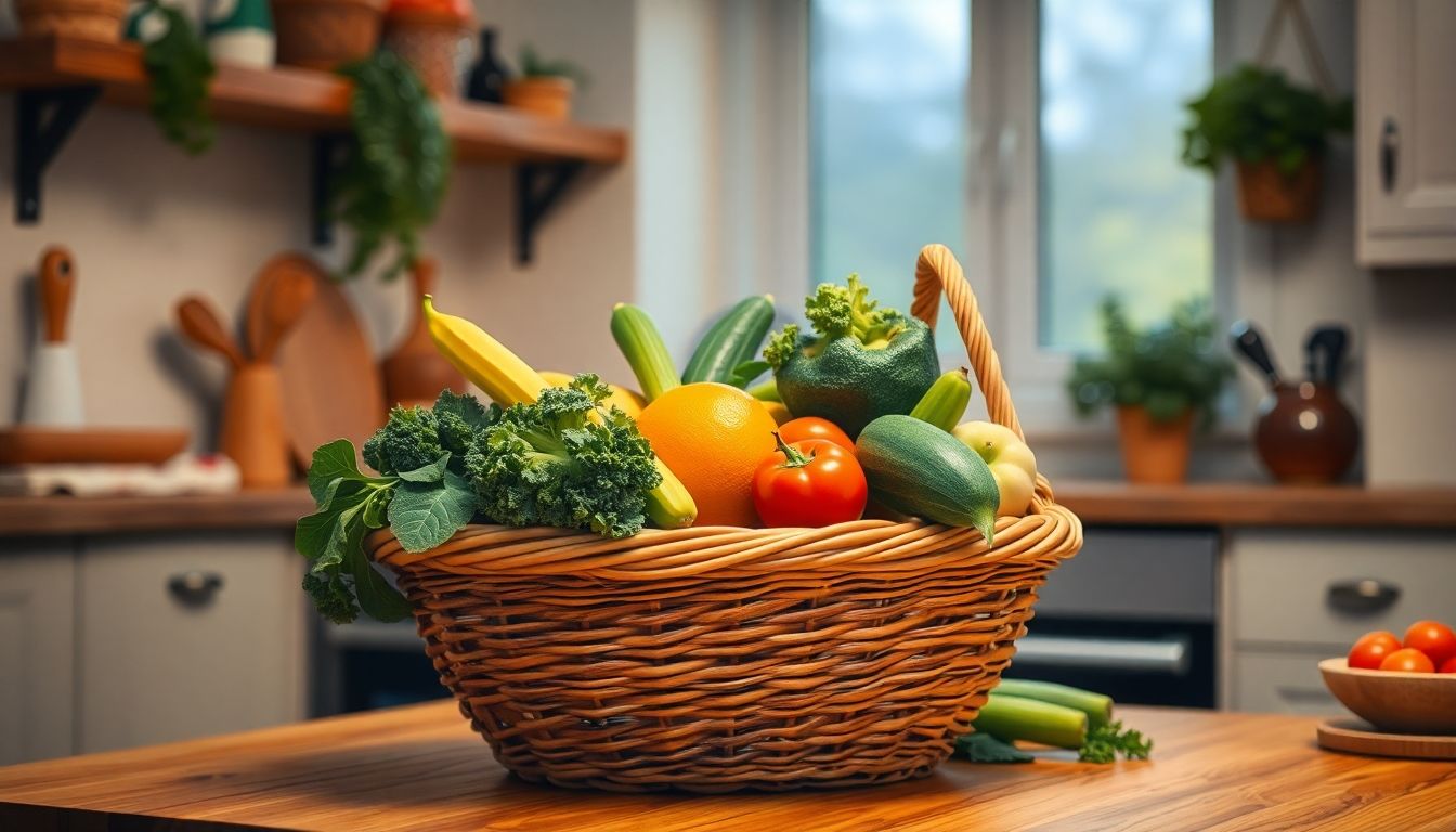 Schlafkrankheit und Ernährung: Woven basket with fresh produce in a kitchen setting.