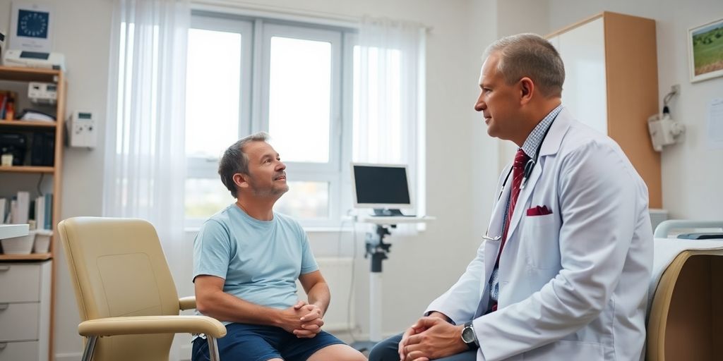 Patient und Arzt im hellen medizinischen Raum.