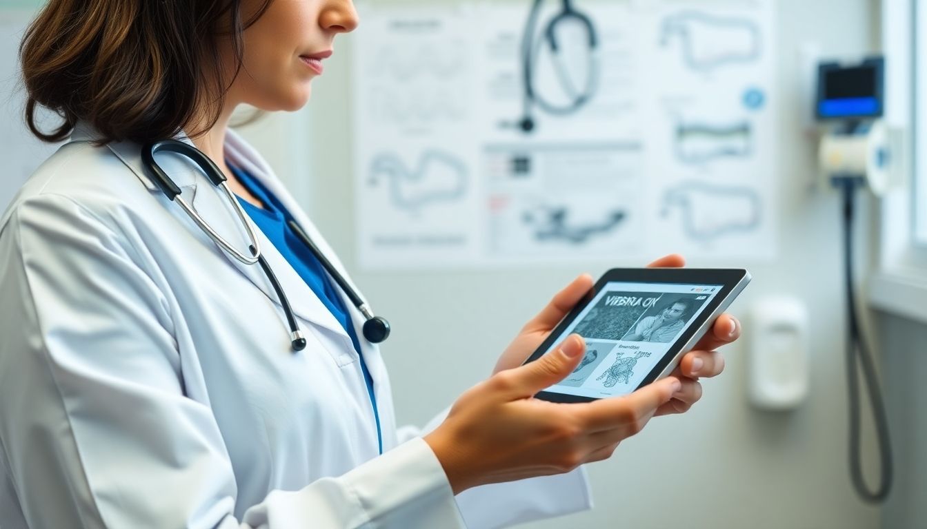 Doctor with tablet discussing Vibrio infection treatments.