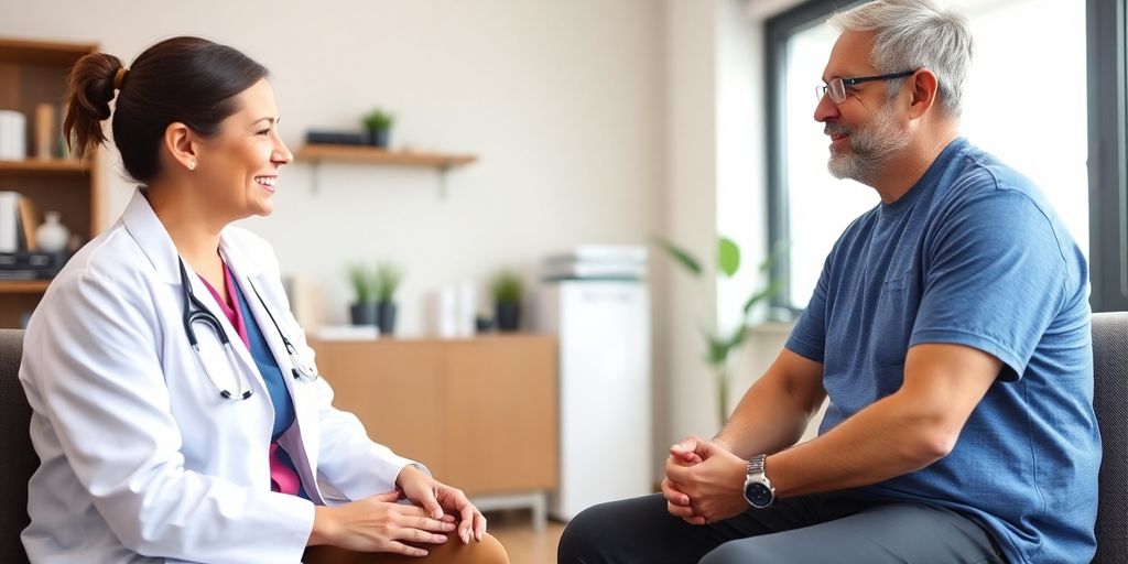 Patient und Arzt im Gespräch über Thrombose und Bewegung.
