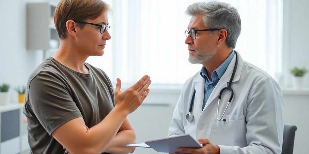 Patient und Arzt in heller medizinischer Praxis besprechen Medikamentöse Behandlung von Verspannungen.