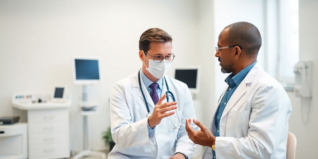 Diagnose von einem Springfinger: Patient und Arzt in einer hellen Arztpraxis.