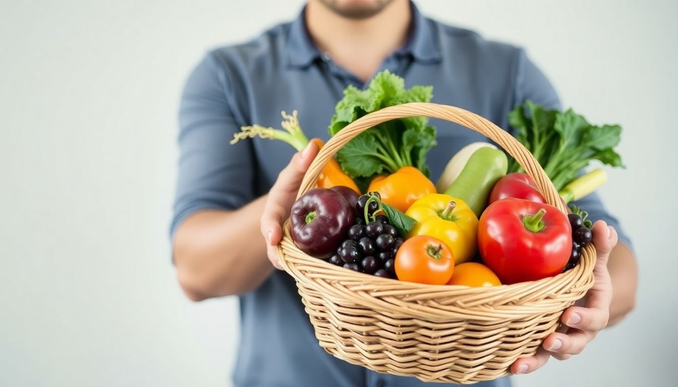 Zungenkrebs und Ernährung: Mann mit Obstkorb