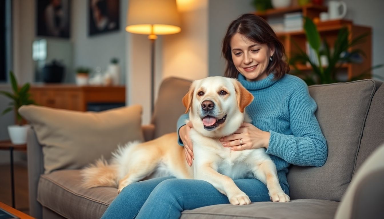 Q Fieber und Haustiere: Frau sitzt mit ihrem Hund auf dem Sofa.
