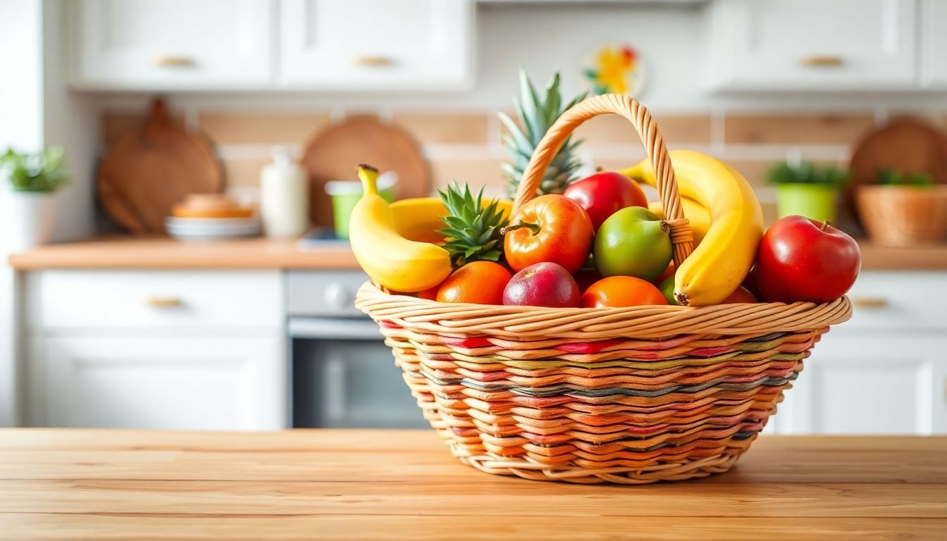 Spulwurmbefall und Ernährung: Colorful fruit basket in a bright kitchen setting.