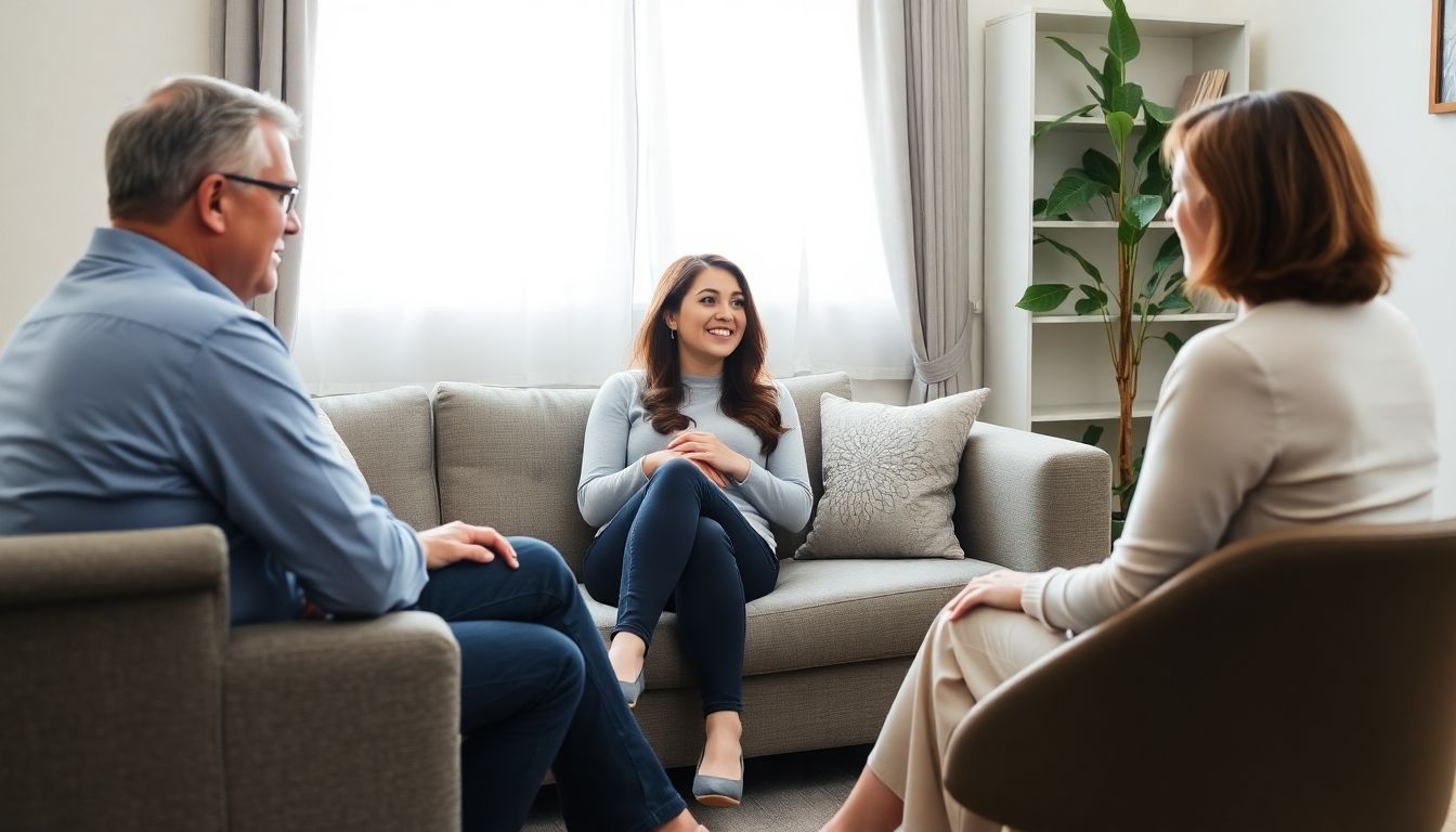 Gesprächstherapie: Couple talking with a therapist.