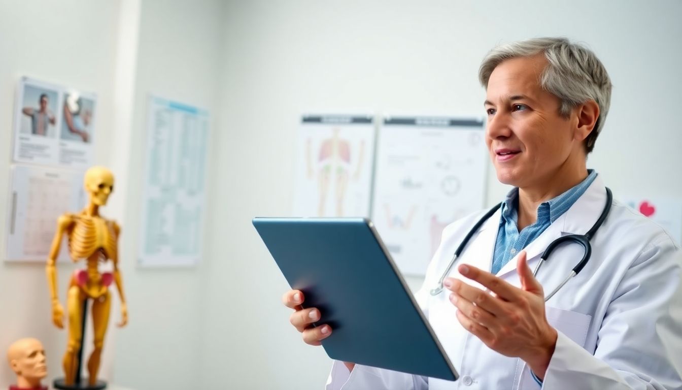 Chirurgische Eingriffe bei Pseudarthrose: Arzt mit Tablet in Praxis.