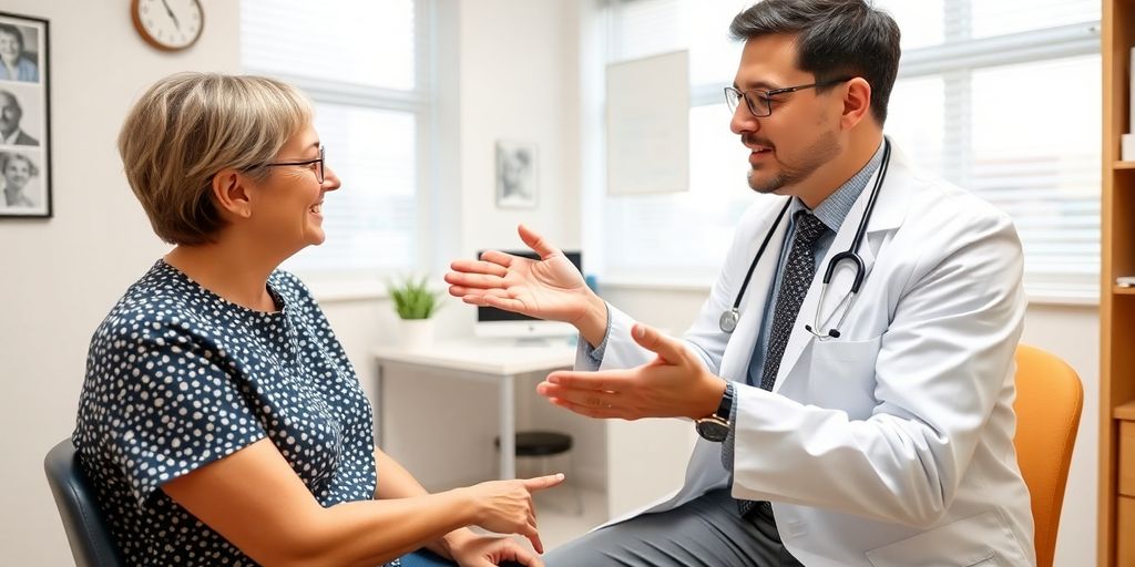 Patient und Arzt im Gespräch über Überbein Behandlungen.