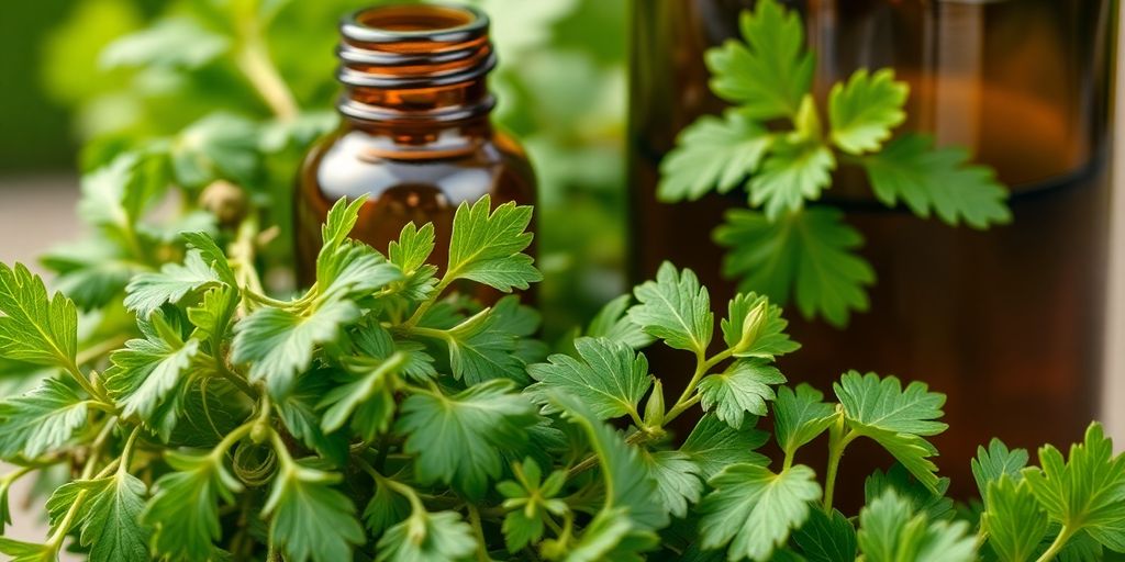 Spulwurmbefall und alternative Medizin: Gesunde Kräuter und traditionelle Medizinflasche auf einem Tisch.