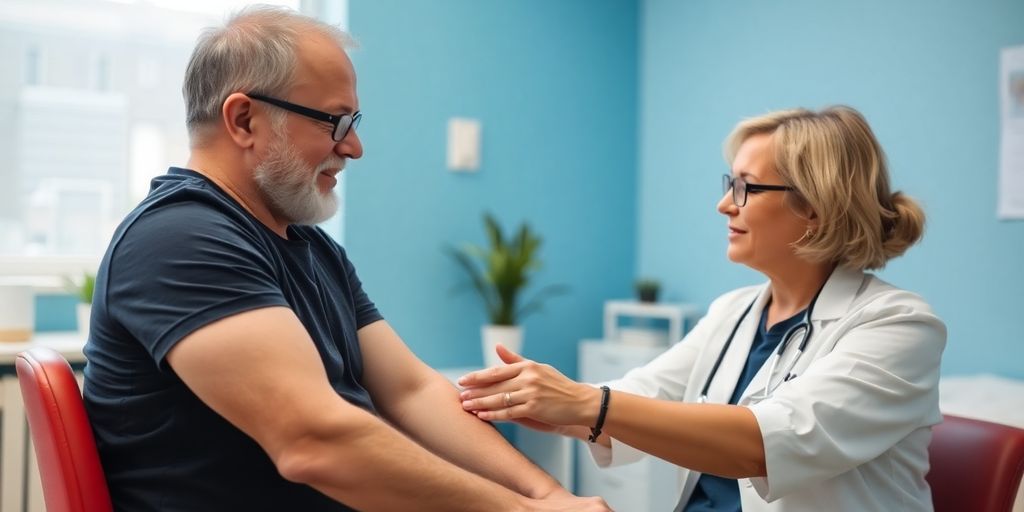 Polyneuropathie: Patient und Arzt in einer hellen medizinischen Praxis