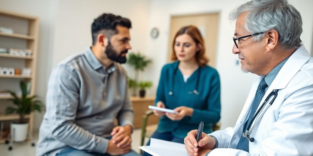 Forschung zu Polyneuropathie: Patient und Arzt im hellen medizinischen Raum.