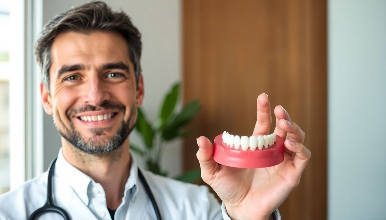 Zahnkrone: Zahnarzt lächelt mit einer Zahnkrone.