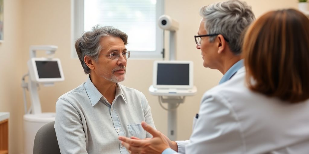 Behandlungsmöglichkeiten beim Zervikalsyndrom: Patient und Arzt in einer hellen Arztpraxis.