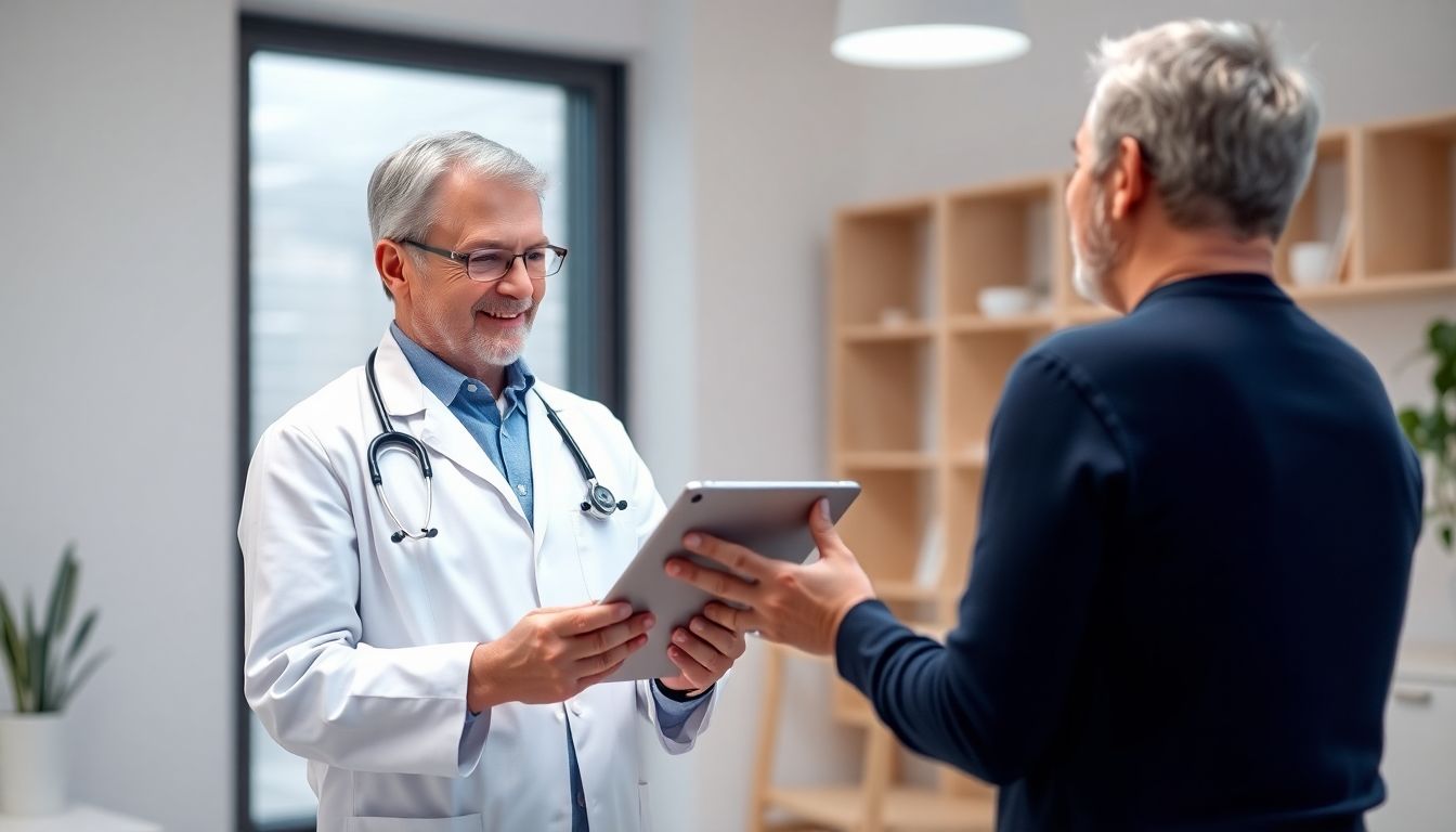 Diagnose von X-Beinen: Arzt mit Tablet