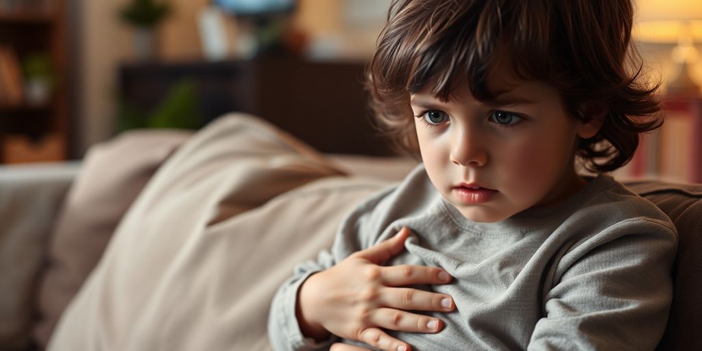 Madenwürmer und psychische Gesundheit: Besorgtes Kind mit Bauchschmerzen auf der Couch.