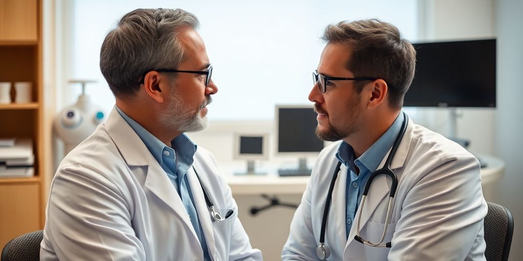 Diagnosemethoden bei Prostatitis: Arzt in einer hellen Arztpraxis beim Gespräch.