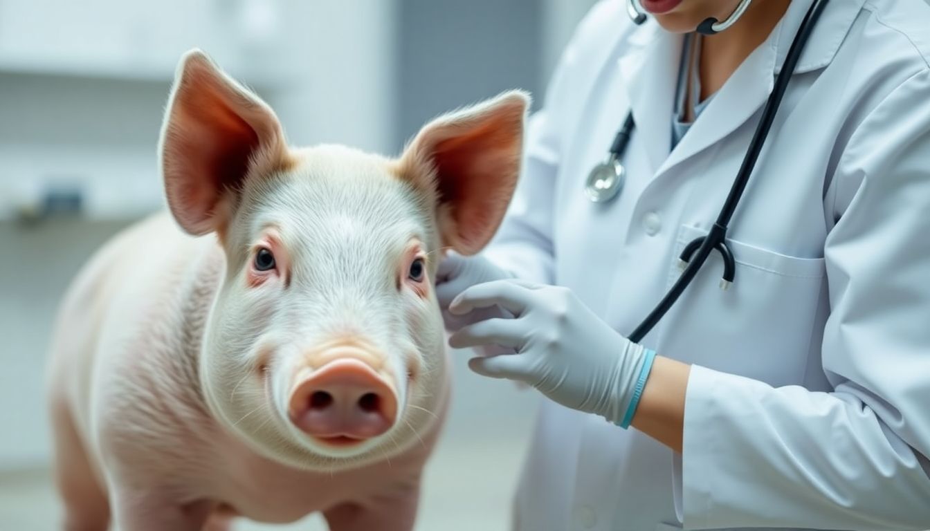 Ursachen der Schweinegrippe: Veterinarian examining a pig in a clinical environment.