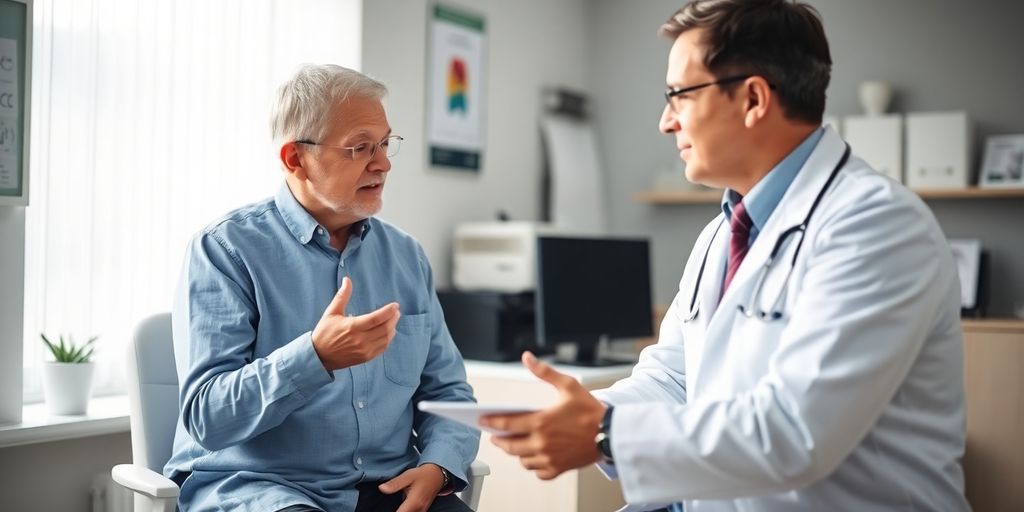 Patient und Arzt in einer hellen Arztpraxis.