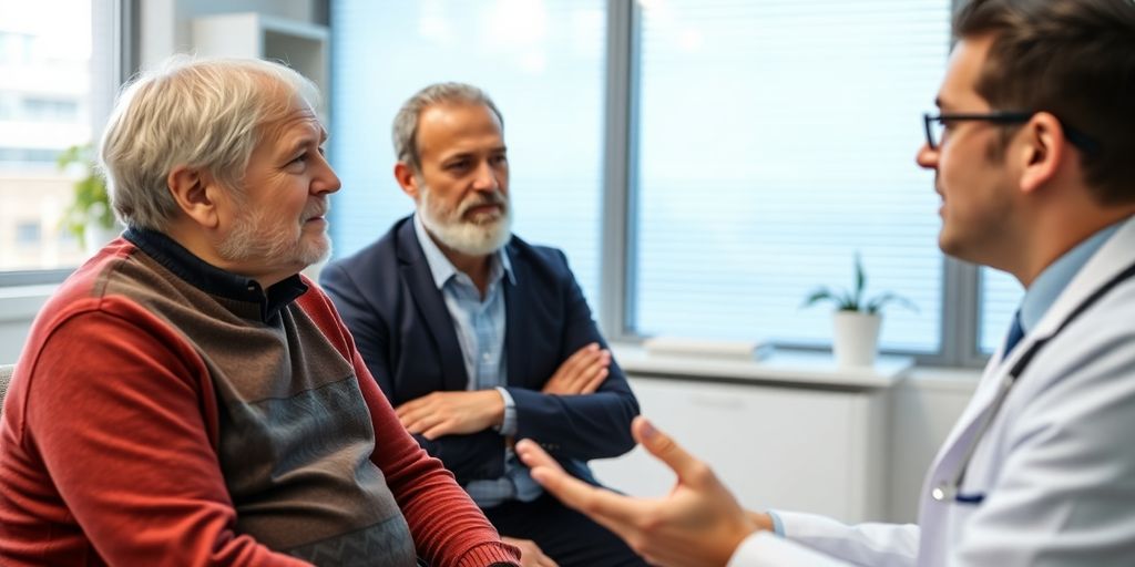 Arzt im hellen medizinischen Raum bespricht Symptome von Prostatakrebs.