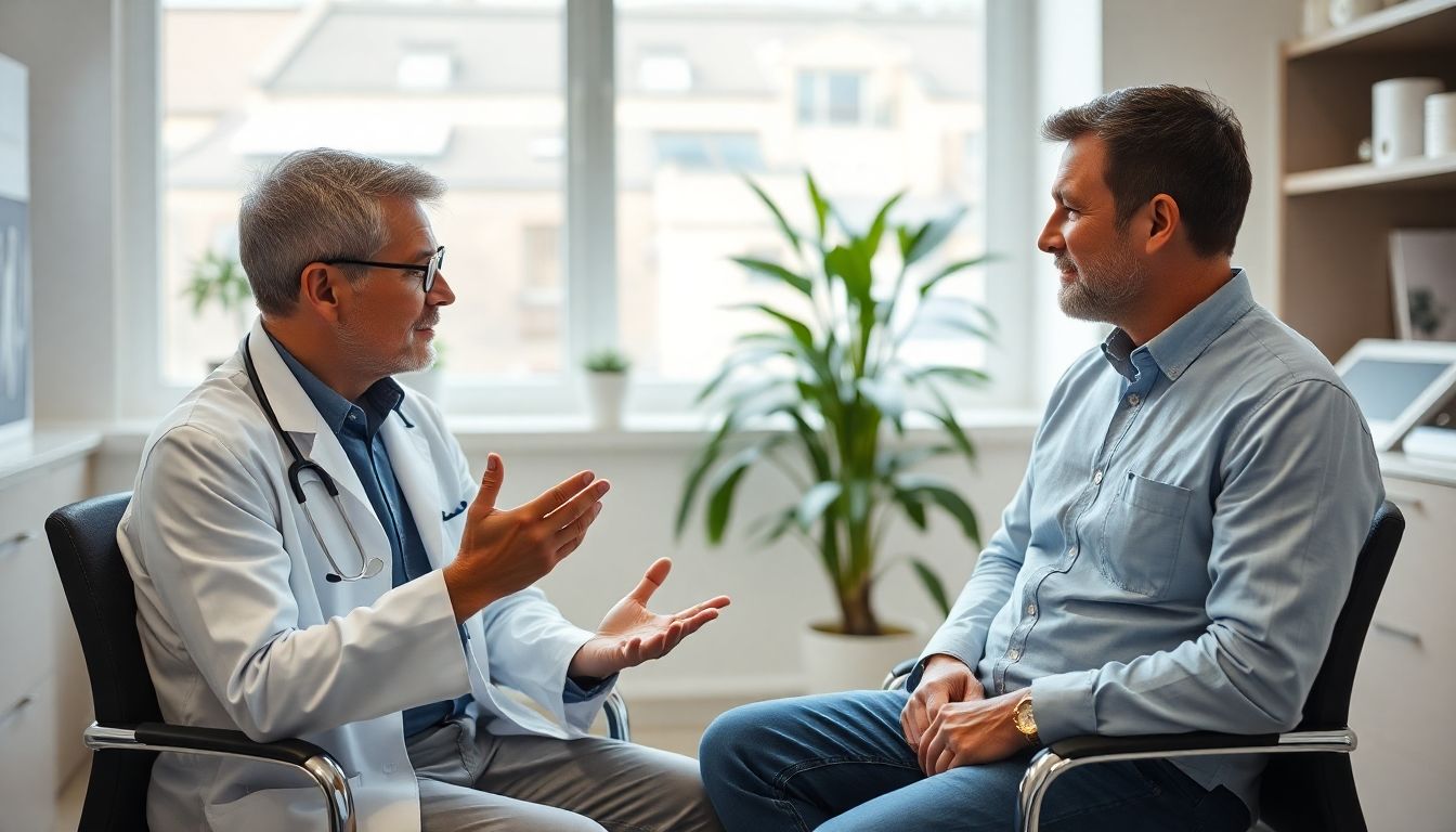 Whipple-Operation: Arzt bespricht Whipple-Operation mit Patient in Praxis.