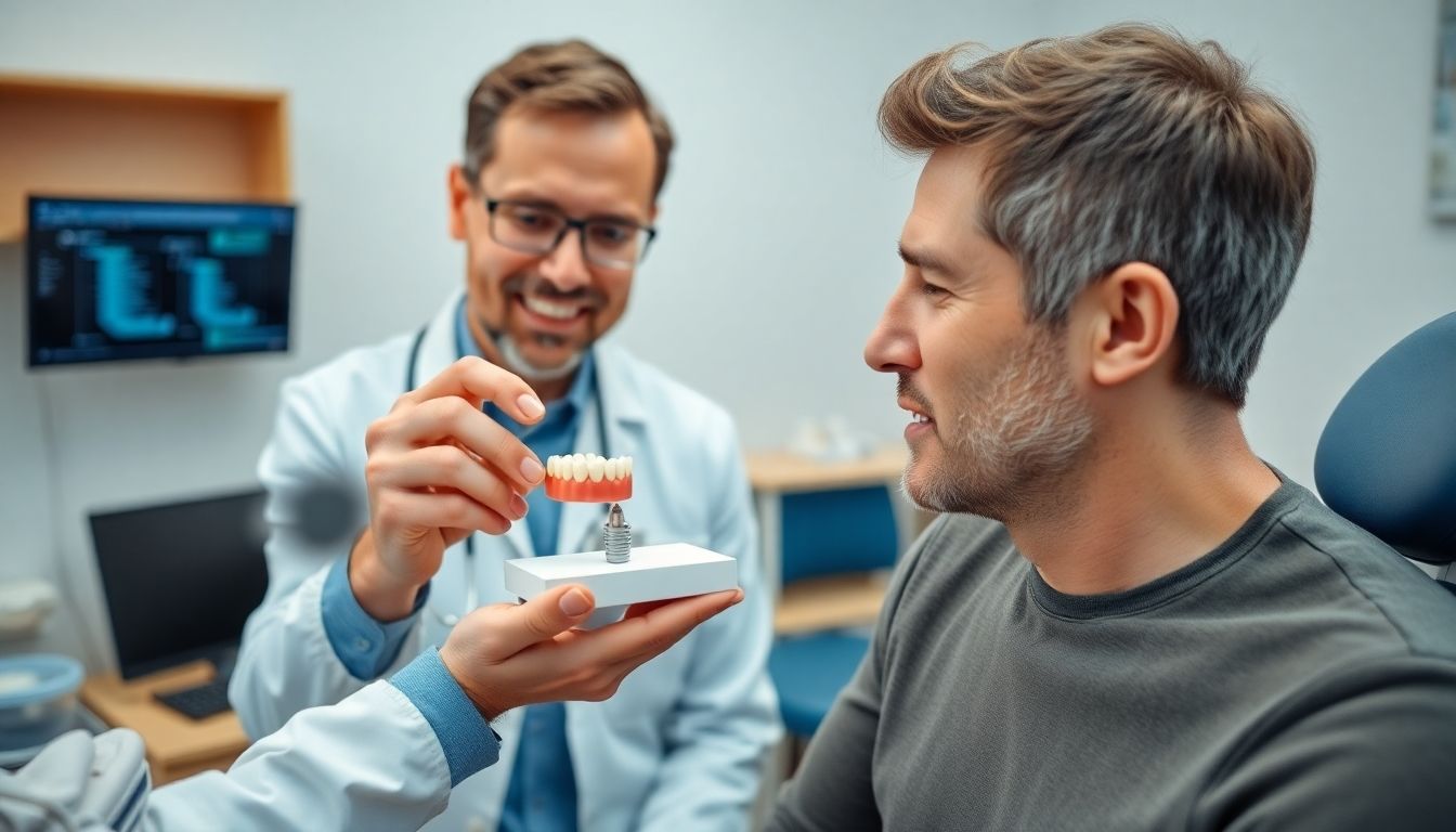 Zahnimplantate: Zahnarzt erklärt einem Patienten ein Zahnimplantat.
