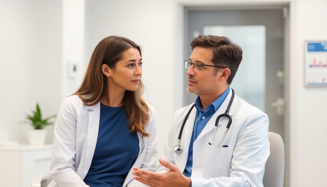 Vitamin-C-Infusion: Doctor consulting with a patient in a bright clinic.