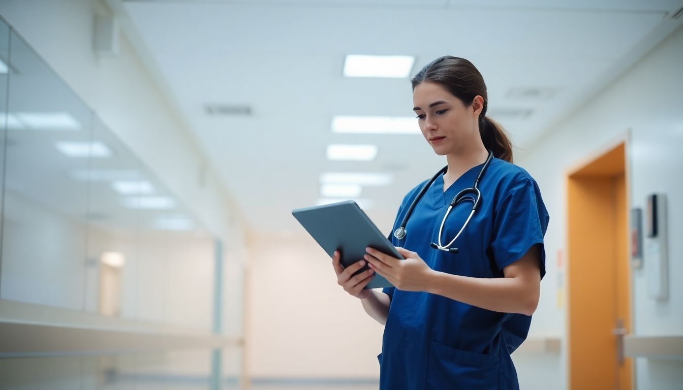 Transplantation: Doctor holding a tablet in a bright hospital room.