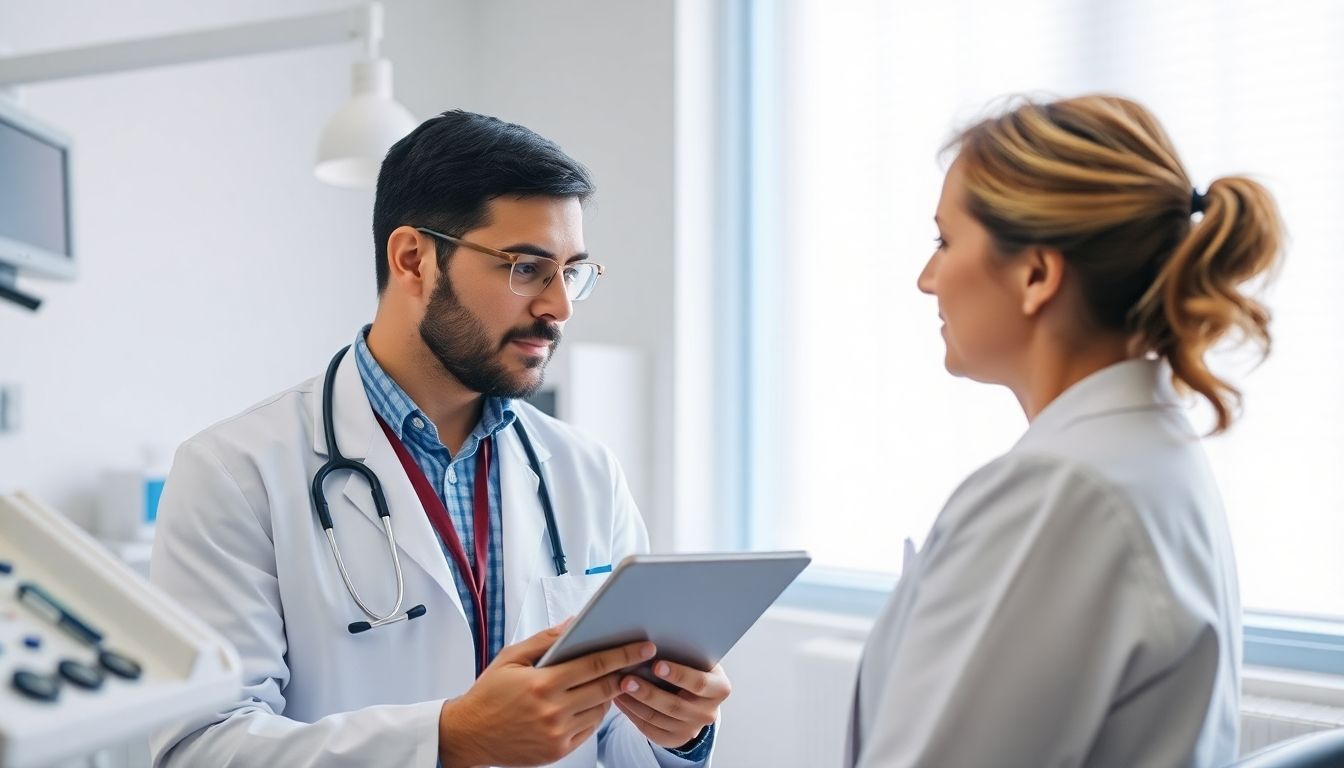 Doctor consulting with a tablet in a bright room.