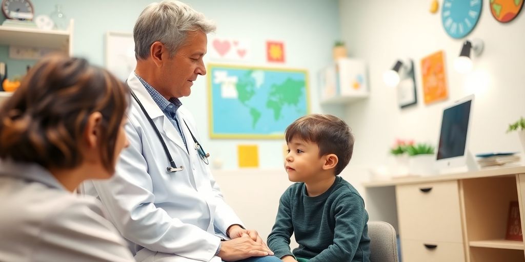 Polyglobulie bei Kindern: Arzt spricht mit einem Kind in einer Praxis.