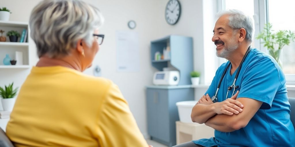 Patient und Arzt im Gespräch in einer hellen Praxis