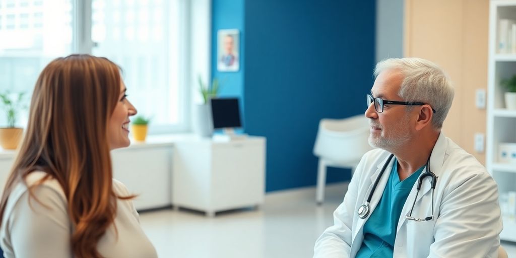Patient und Arzt in einer hellen Arztpraxis.