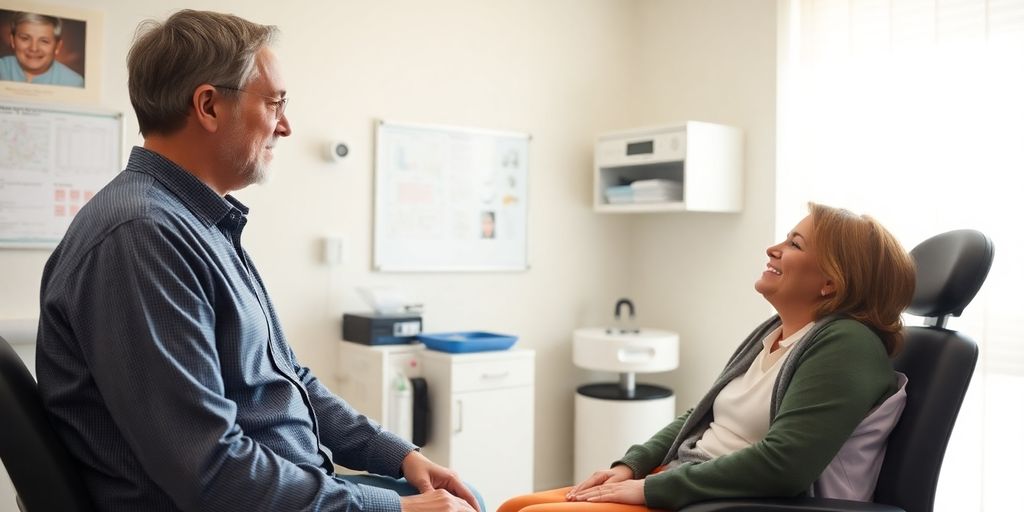 Patient und Arzt in einer hellen Arztpraxis besprechen Fazialisparese..
