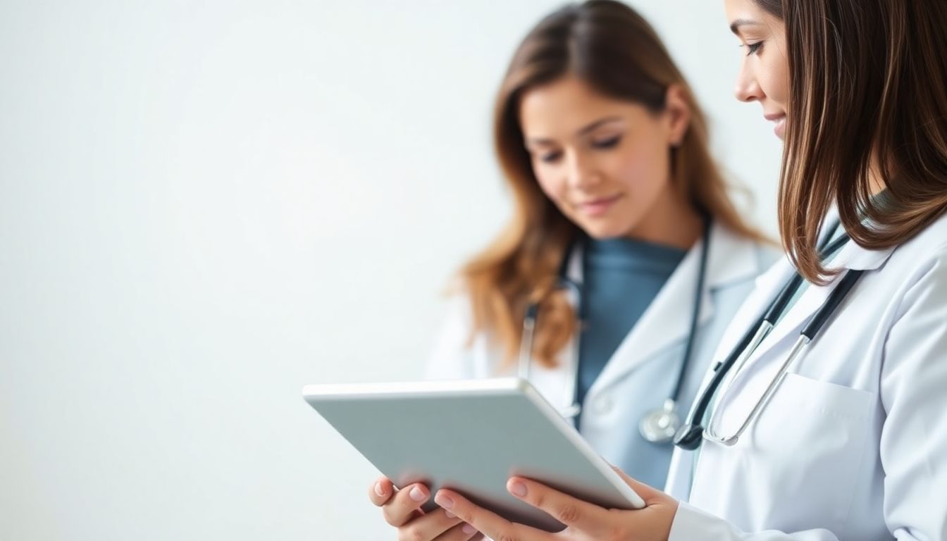 Herzinsuffizienz und Diabetes: Ärzte mit Tablet schreiben Behandlungsberichte