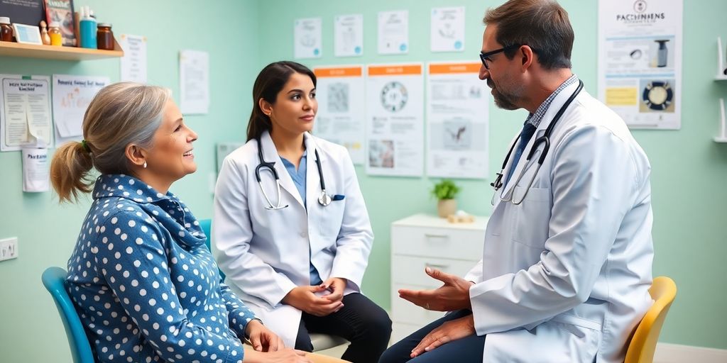 Impfung gegen Frühsommer Meningoenzephalitis: Patient und Arzt in einer hellen Arztpraxis