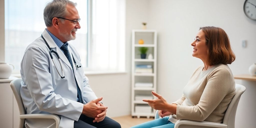 Diagnose von Herzklappenfehlern: Patient und Arzt in einer hellen Arztpraxis.