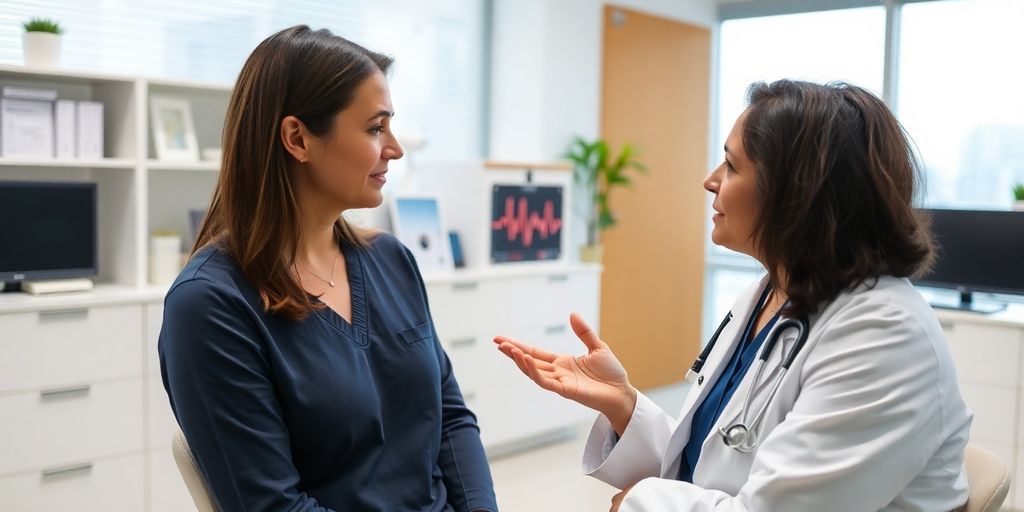 Herzrhythmusstörungen: Patient und Arzt in einer hellen Arztpraxis.