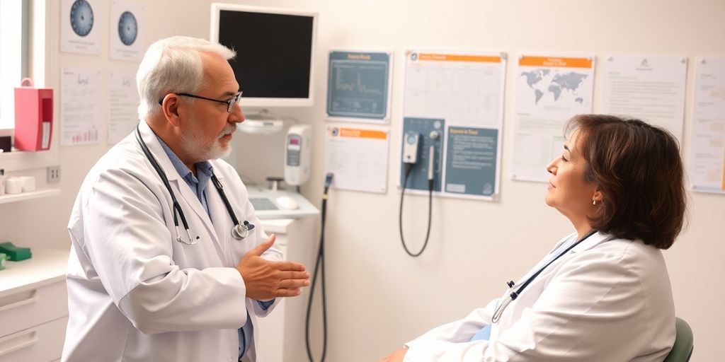 Hepatitis C: Patient und Arzt in heller Arztpraxis beim Gespräch.