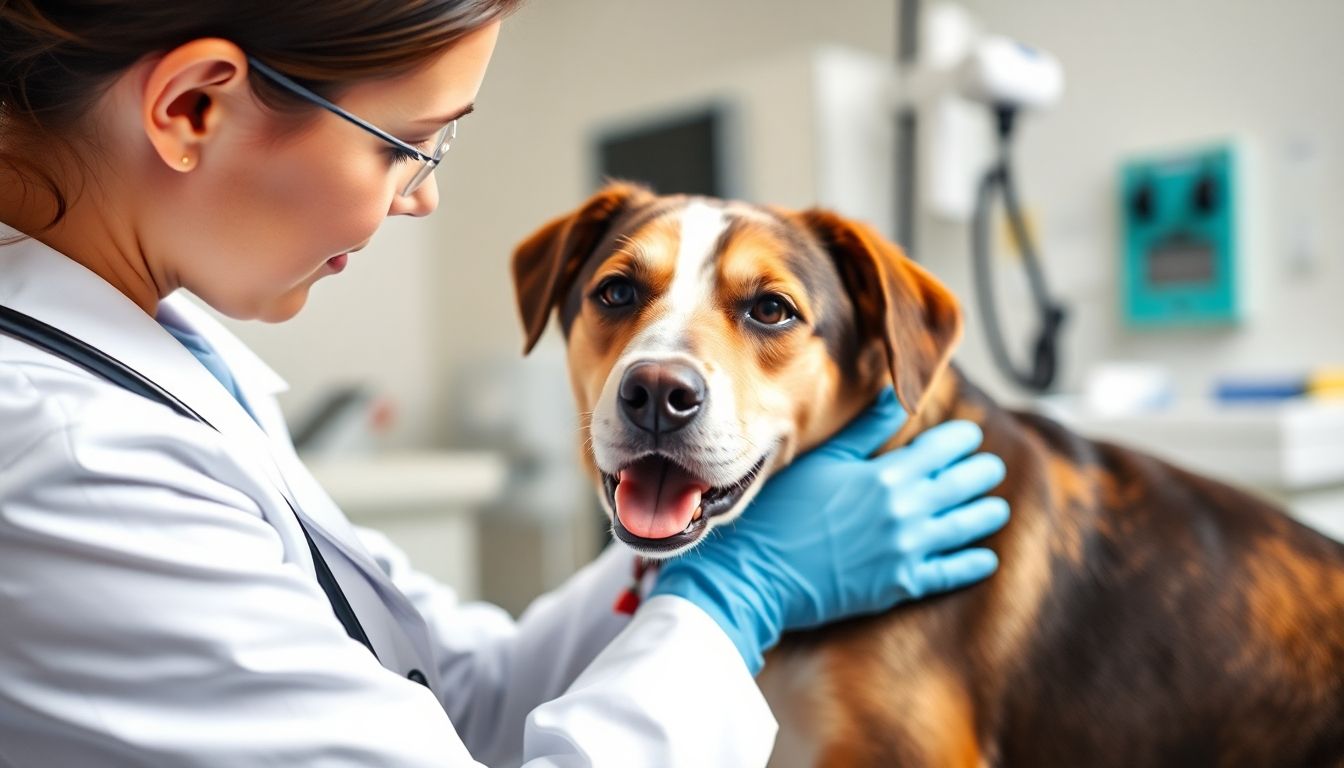 Hakenwurmbefall bei Tieren: Veterinarian examining a dog for health issues.