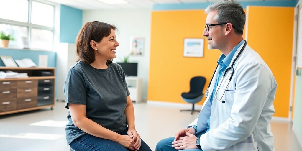 Patient und Arzt im hellen medizinischen Umfeld sprechen über Friedreich Ataxie.