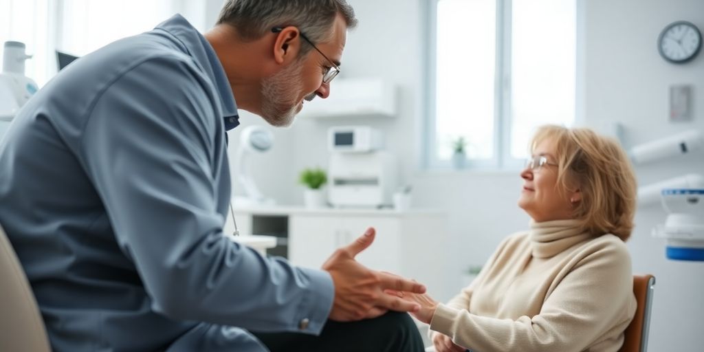 Patient und Arzt im hellen medizinischen Raum.